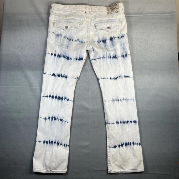 True Religion Ricky Jeans Mens 40* White Blue Dyed Relaxed Straight Flap Pockets